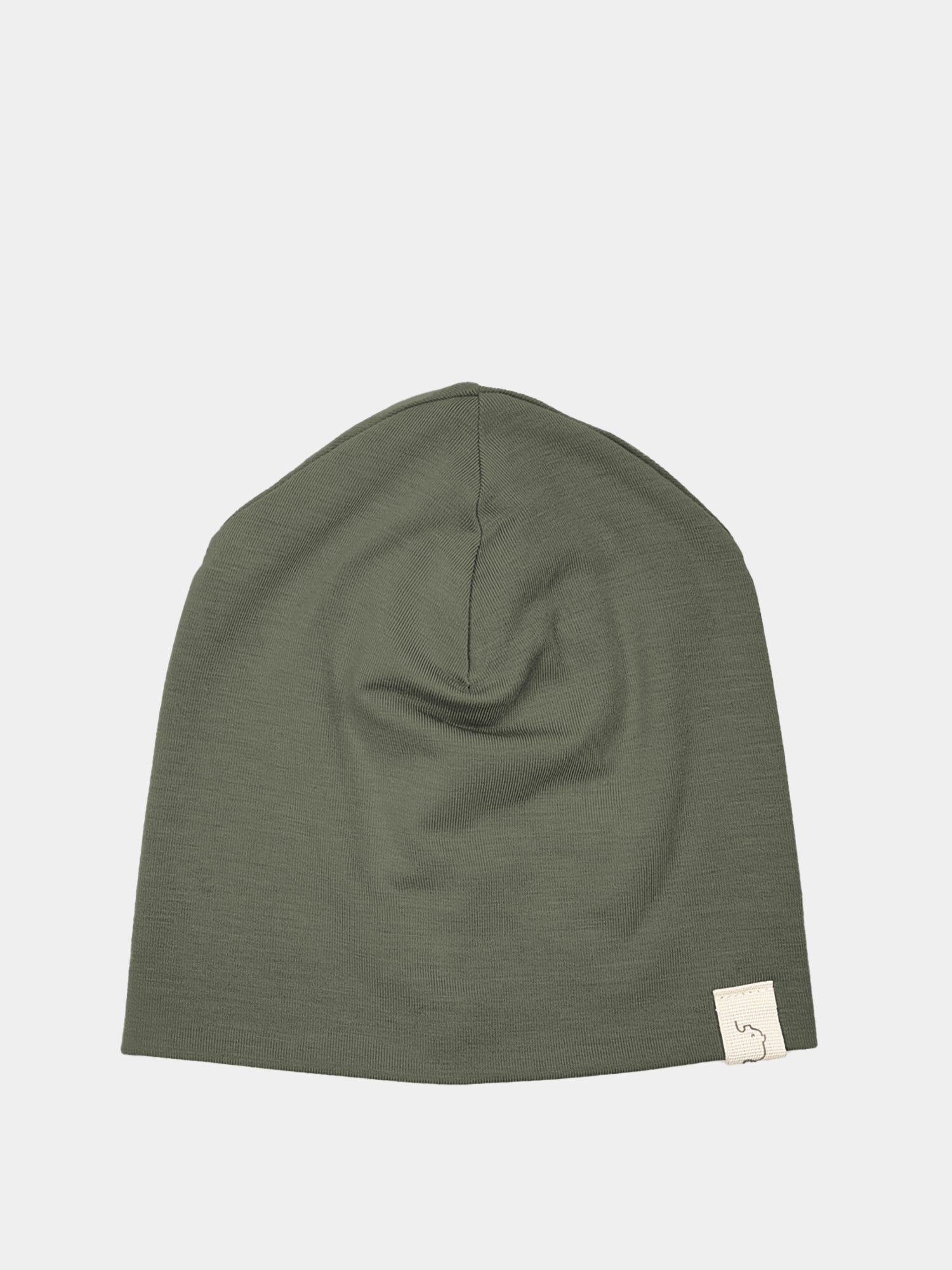 Beanie Kaschmir-Mix - Avocado, grüne Mütze mit weißem Patch, leicht und weich, ideal für kühlere Tage, handgefertigt in Berlin.