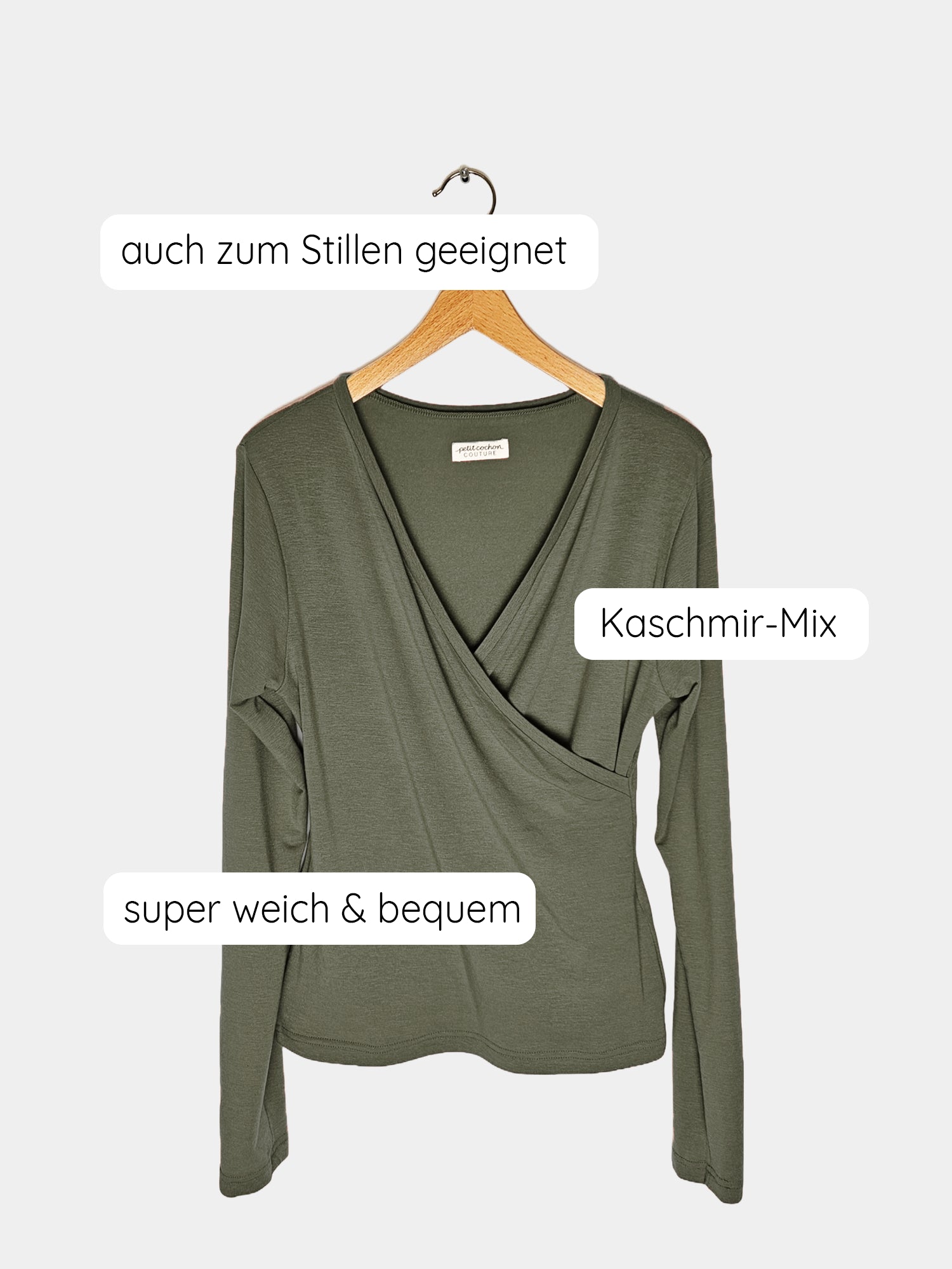 Wickelshirt Langarm Kaschmir-Mix - Avocado