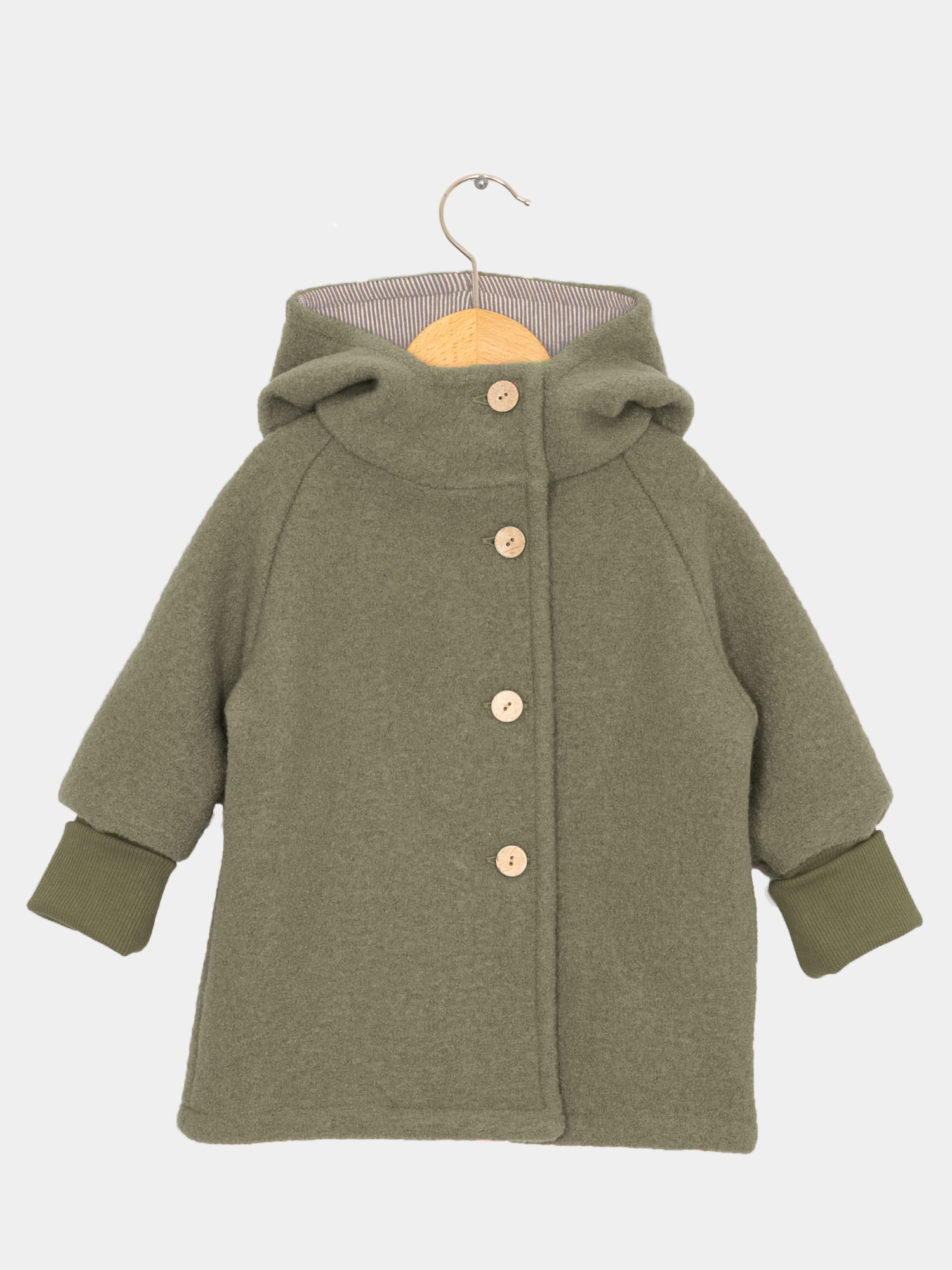 Wichteljacke Wollwalk - Pistazie auf Bügell, mit Kapuze und krempelbaren Bündchen, ideal für Kinder im Herbst und Winter, aus hochwertigem Wollwalk mit Bio-Jersey-Futter.